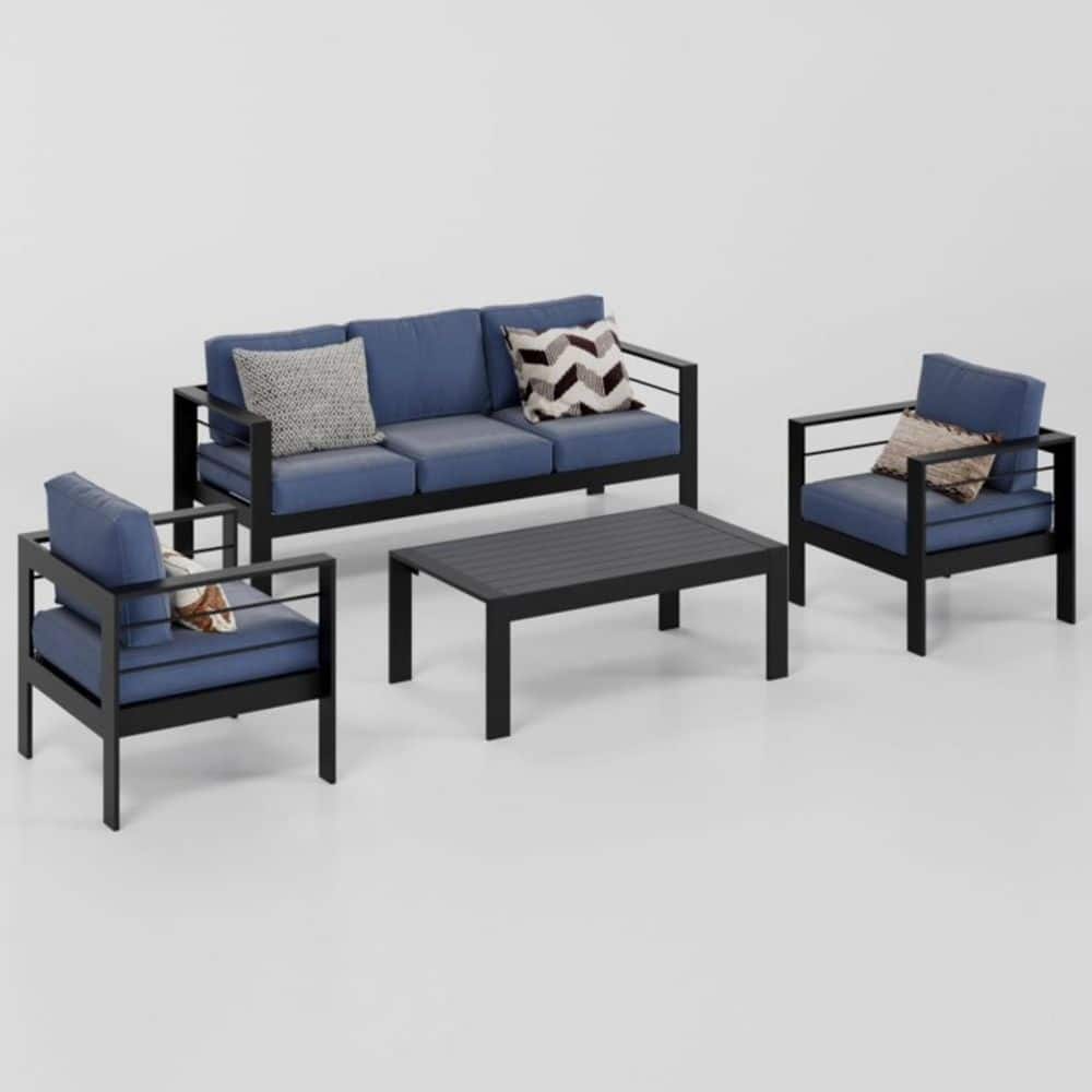 4-Piece Aluminum Outdoor Sectional Set with Blue Cushions, Patio Conversation Set, 5-Seat Outdoor Sofa Set, Black price history on PriceWatchPro
