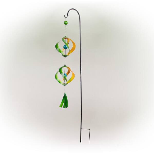 Alpine Corporation 40 in. Tall Outdoor Hanging Metal Wind Spinner Yard Decoration with Shepherd's Hook Stake, Green and Yellow
