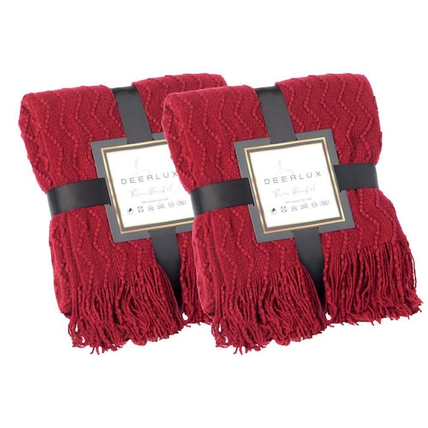 Red Chevron Pattern Design (Set of 2) Decorative Knit Throw Blanket, 50 x 60 in. Fringe Edges, easy care