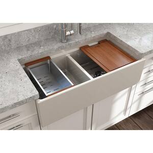 Step-Rim Biscuit Fireclay 36 in. Double Bowl Farmhouse Apron Front Workstation Kitchen Sink w/ Accessories
