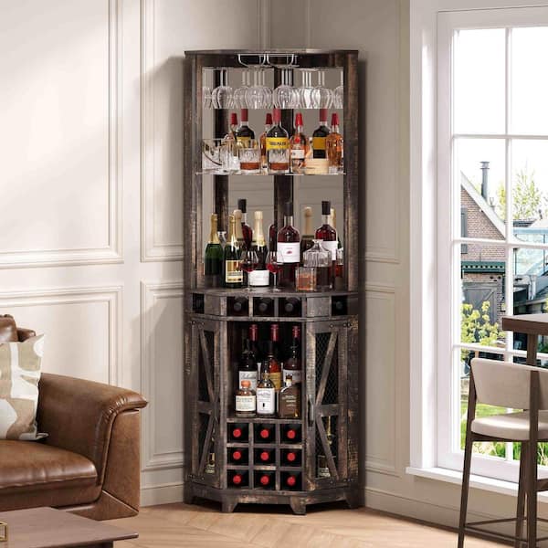 Walnut 19.70 in. W x 72 in. Corner Bar Cabinets with Barn Door, Acrylic Mirror and Glass Rack