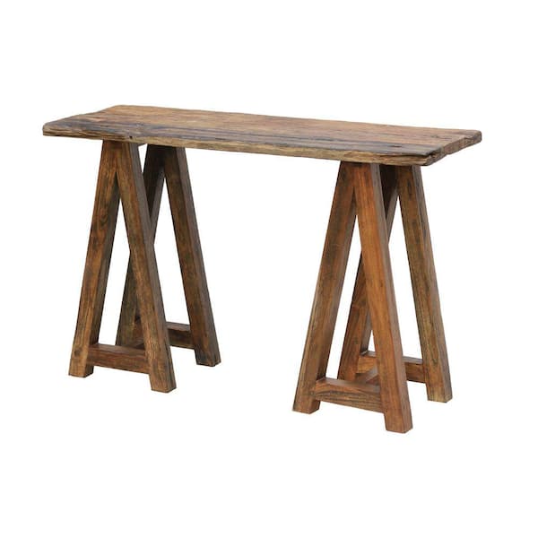 Benjara 48 in. Brown Rectangle Wood Top Console Table with Sawhorse style leg