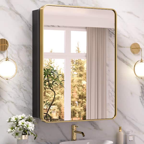 KeonJinn 24 in. W x 32 in. H Rectangular Brass Gold Stainless Steels  Framed Recessed/Surface Mount Medicine Cabinet with Mirror