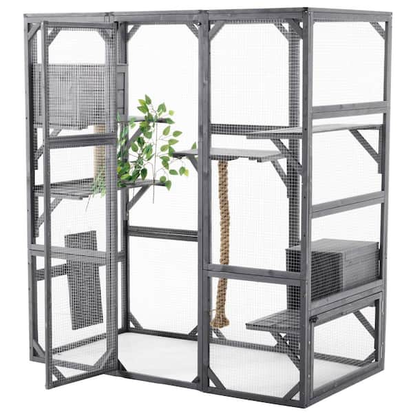Balcony 62.8 in. W x 32.2 in. D x 68.5 in. H Dark Gray Wood Outdoor Storage Cabinet Cat House with Platforms