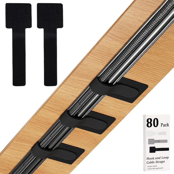 80PCS Hook and Loop Cable Straps Self Adhesive Reusable Wire Organizers Adjustable Cord Ties for Desk Home Office Black
