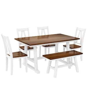 6-Piece White Wood Dining Table Set With Long Bench and 4-Dining Chairs