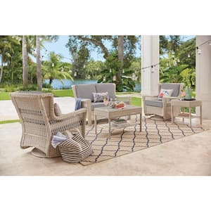 Park Meadows Off-White Wicker Outdoor Patio Swivel Rocking Lounge Chair with CushionGuard Stone Gray Cushions