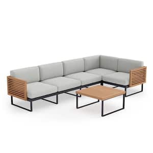 Monterey 5 Seater 6 Piece Aluminum Teak Outdoor Outdoor Sectional Set with Cast Silver Cushions