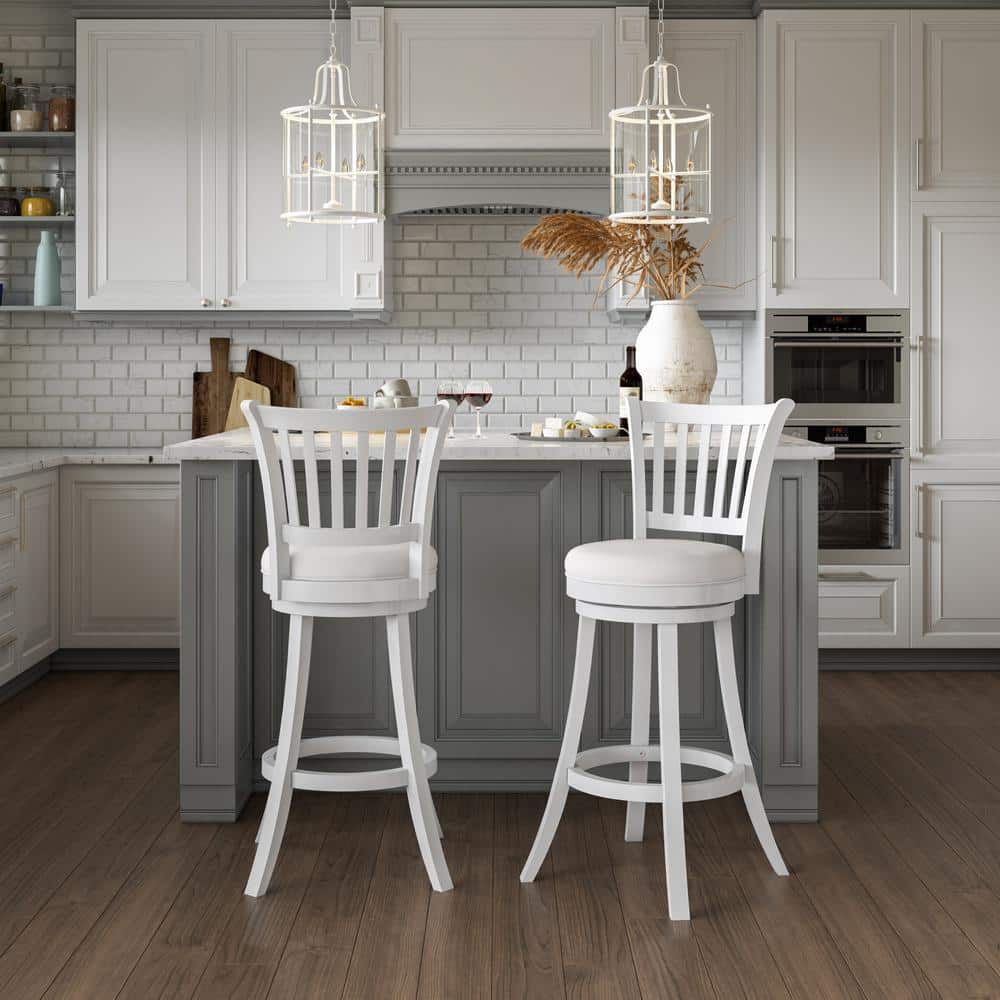 Sleek White Faux Leather 35" Swivel Barstool Duo