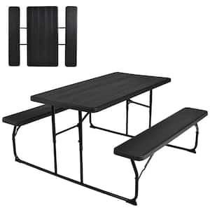 Black Foldable Metal Bench Set Picnic Outdoor Camping Table With Extension