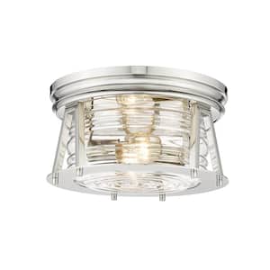 Cape Harbor 12 in. 2-Light Polished Nickel Flush Mount Light with Glass Shade