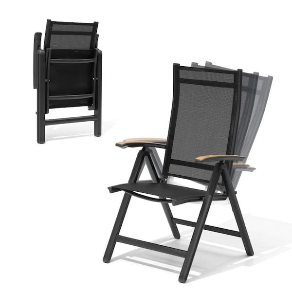 Black Aluminum Folding Outdoor Dining Chairs Foldable Patio Dining Chairs with 8-Level Adjustable Backrest (Set of 2)