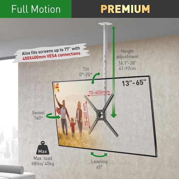 Barkan 29" to 65" Full Motion - 3 Movement Flat / Curved TV Ceiling Mount, White & Black, Telescopic Adjustment