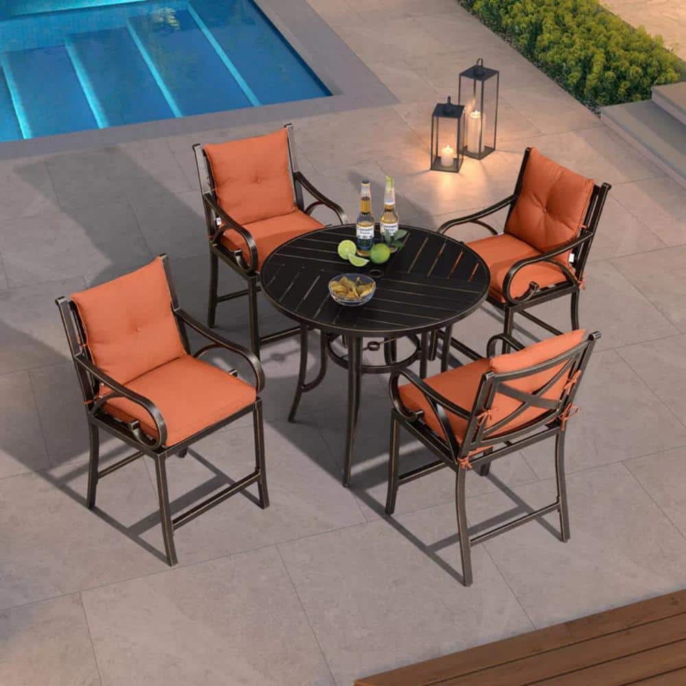 PURPLE LEAF Modern 5 Piece Cast Aluminum Outdoor Bistro Set with Back and Arm Brick Red Cushion Counter Height Metal Bar Chairs PPL06 BC05 CA BR The