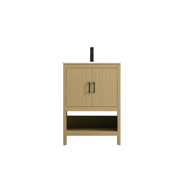 24 in. Single Sink Honey Brown Bath Vanity with White Engineered Marble Top