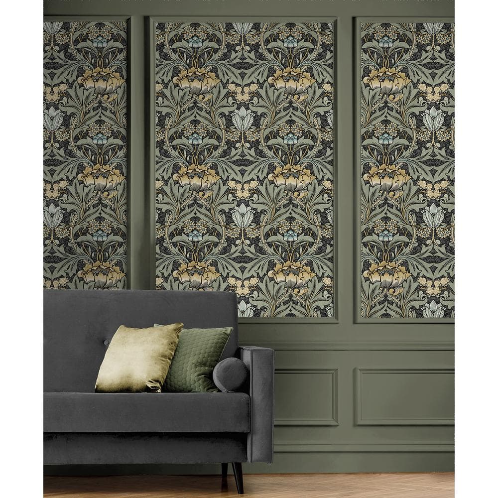 Charcoal and Goldenrod Acanthus Floral Peel and Stick Wallpaper