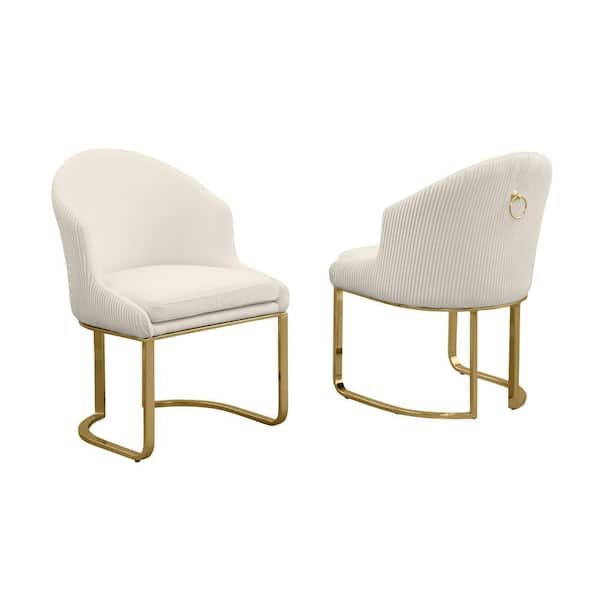 Best Quality Furniture Romina Cream Teddy Fabric Side Chair Set of 2 with Gold Chrome Iron Legs