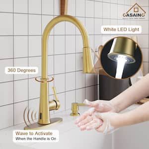 Single-Handle Pull Down Sprayer Kitchen Faucet with Touchless Sensor, LED, Soap Dispenser and Deckplate in Brushed Gold