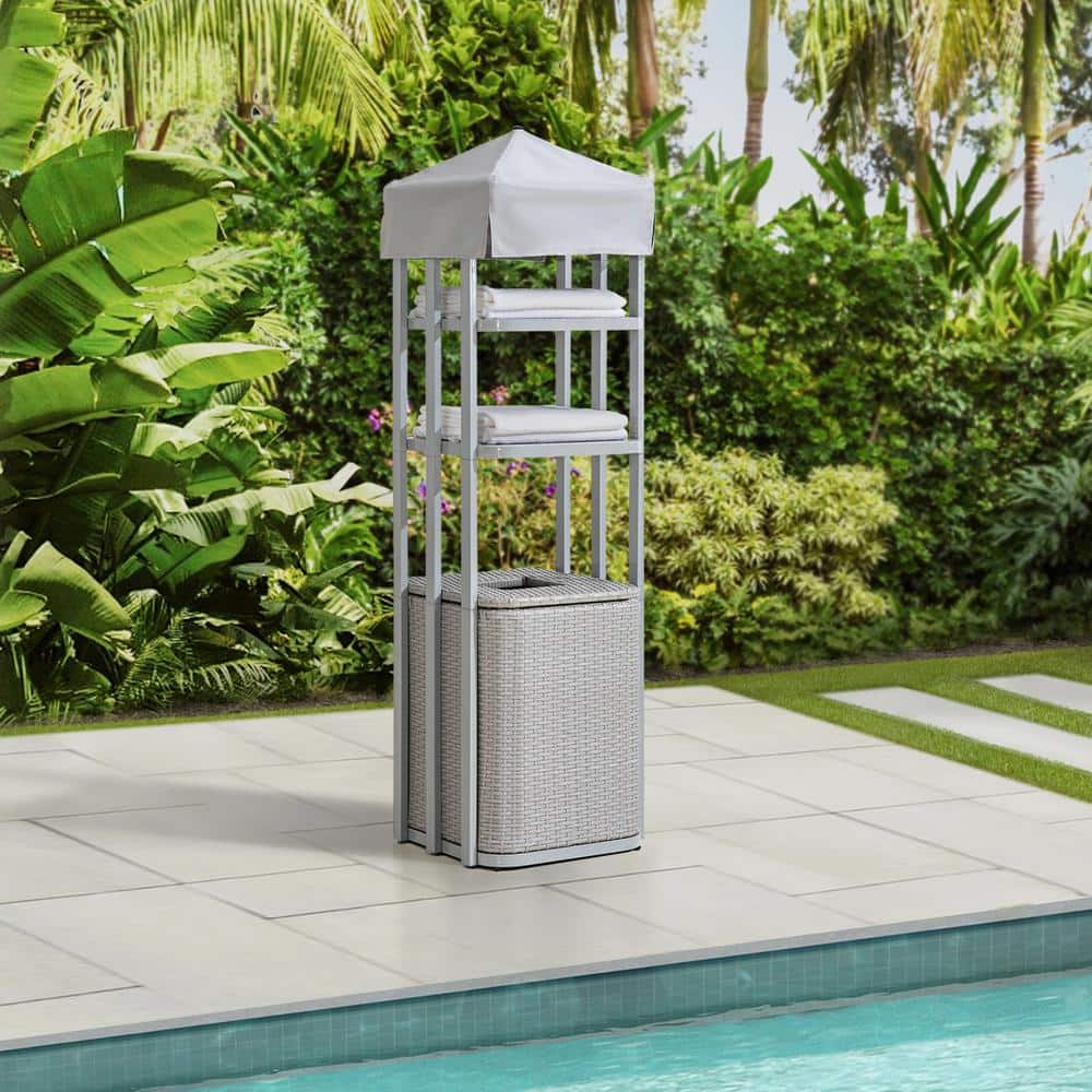 Gray Aluminum Pool Towel Valet Tower with Wicker Storage Basket