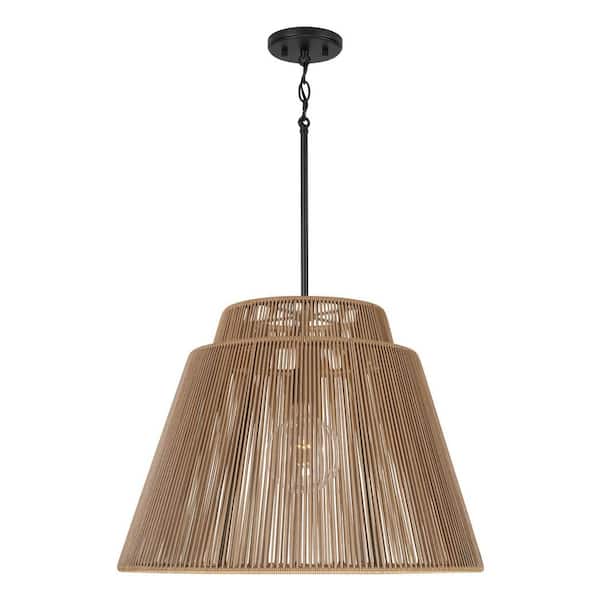 Jasper 17.25 in. 1-Light Matte Black Indoor Outdoor Pendant Light with Hand-wrapped Sienna Resin Rope-No Bulb Included