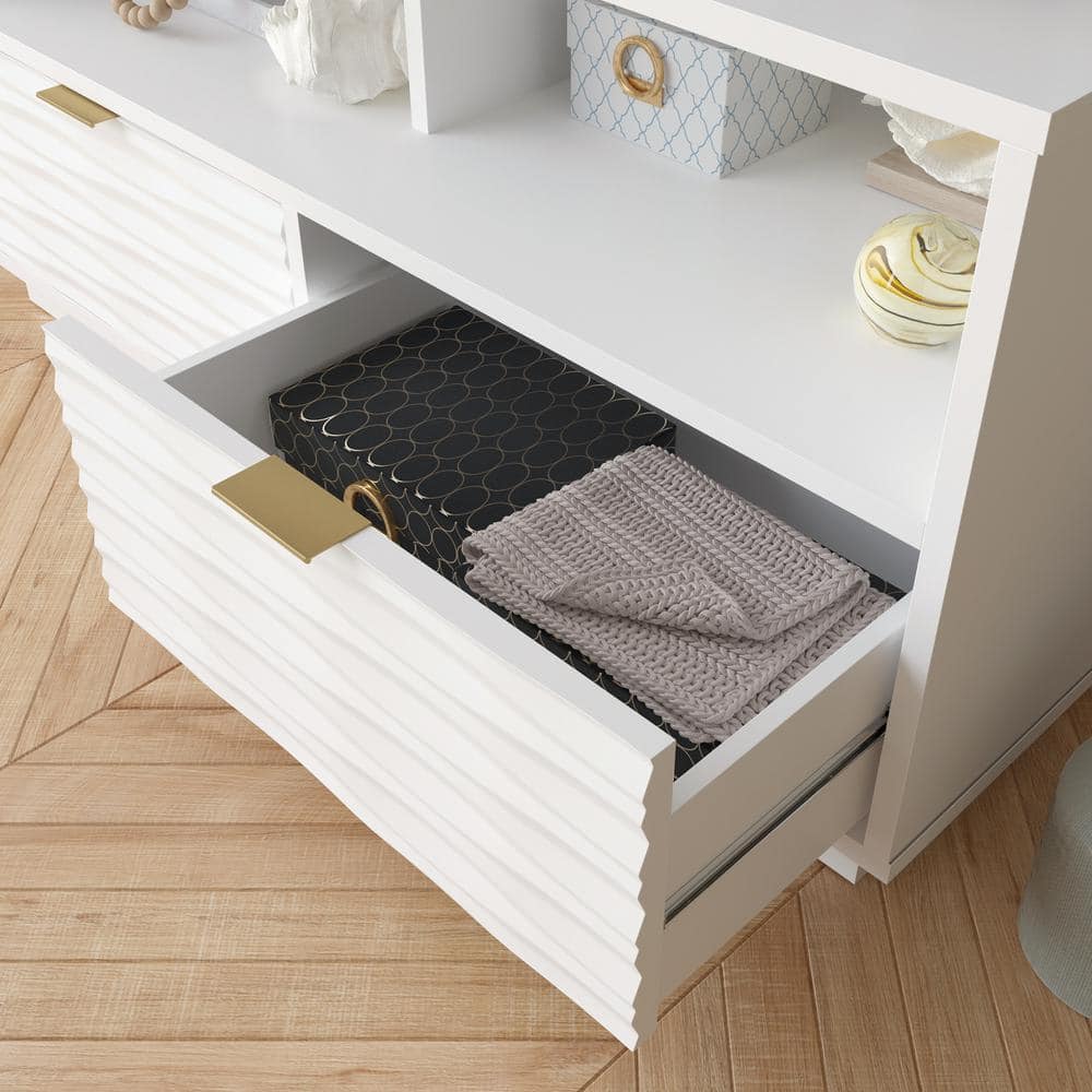 White Modern TV Stand with Drawers and Open Storage
