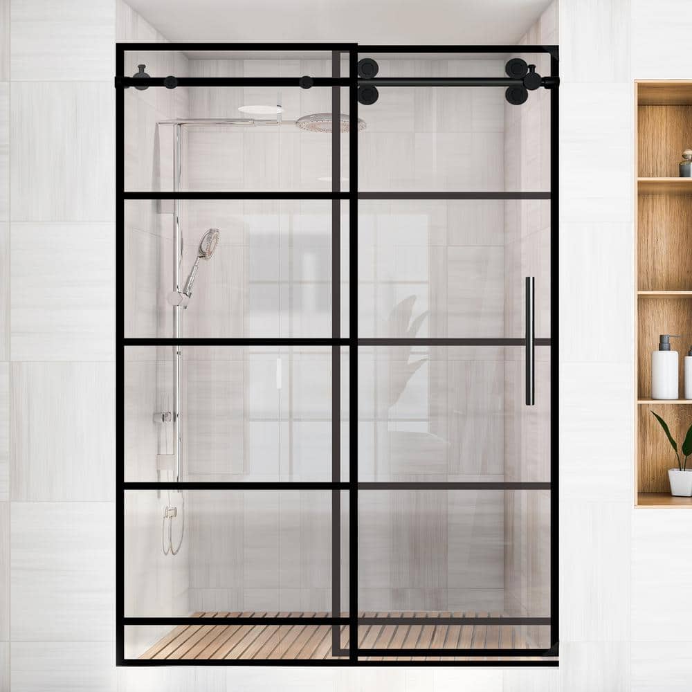 60" Matte Black Framed Sliding Shower Door with Stainless Steel Handle