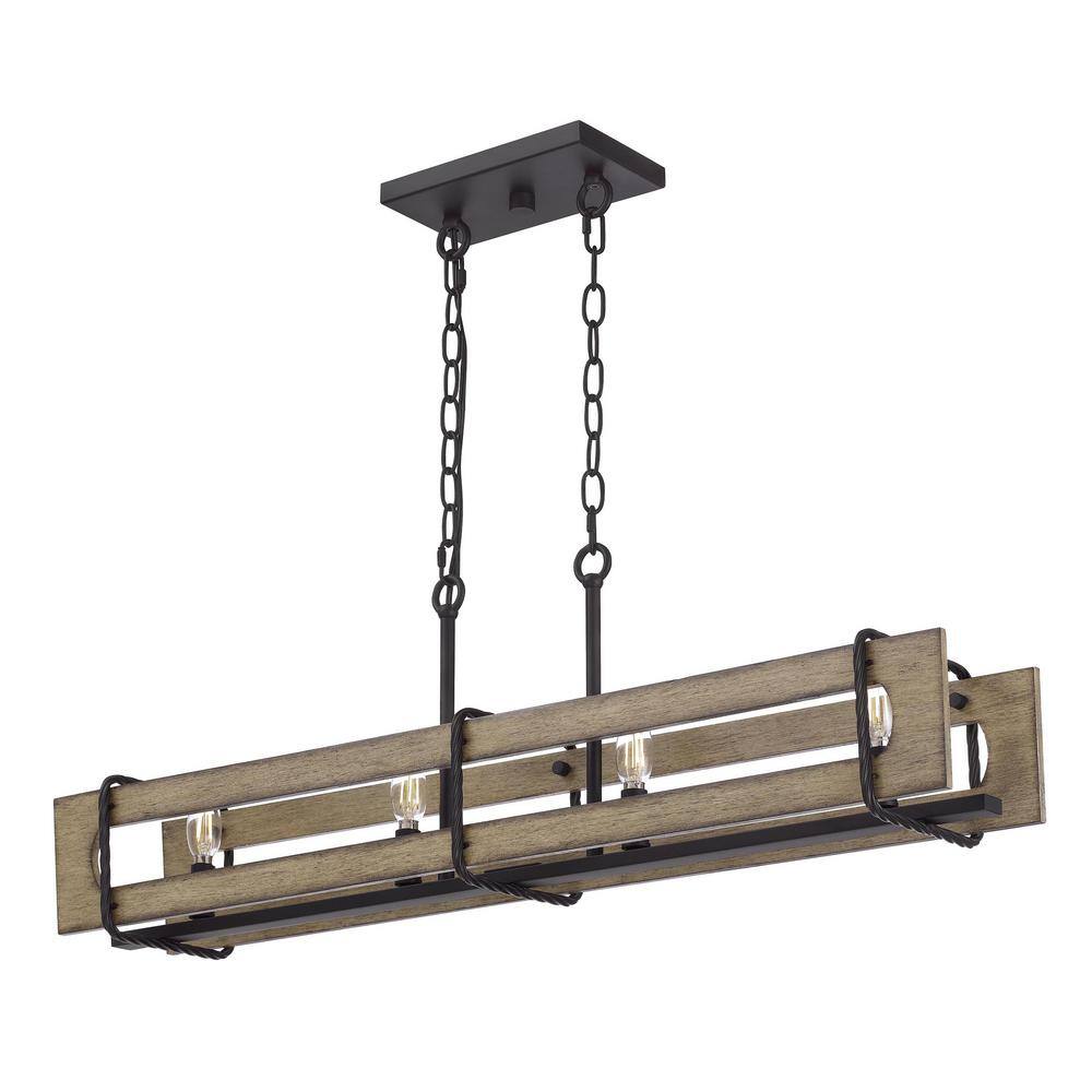 4-Light Wood Finish Linear Chandelier with Black Metal Accents
