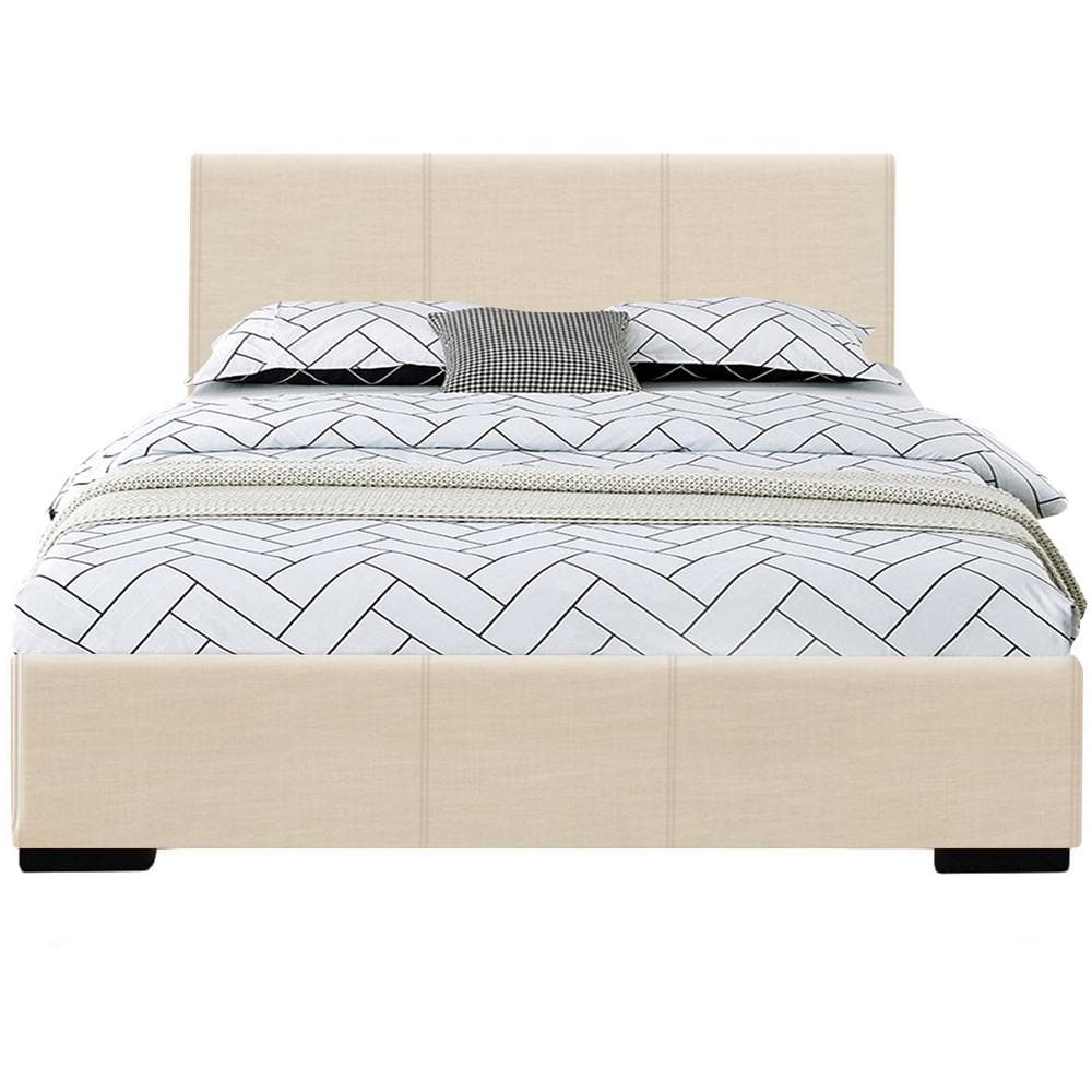 Abbey Beige Full Upholstered Faux Leather Platform Bed with Headboard