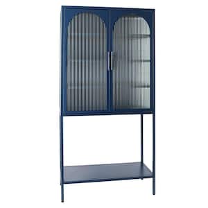31.5 in. W x 13.8 in. D x 63 in. H Blue Linen Cabinet with 2 Glass Arched Doors and Adjustable Shelves