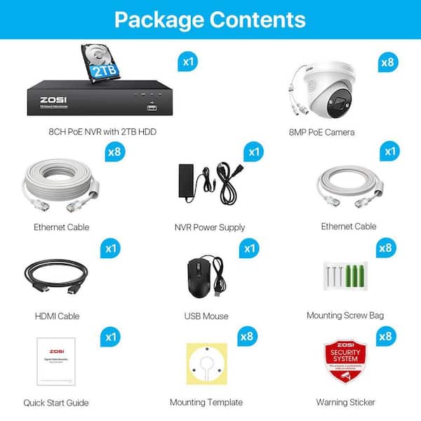 ZOSI 4K UHD 8-Channel 2TB PoE NVR Security Camera System with 8
