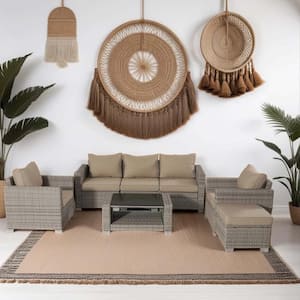 7-Piece Wicker Outdoor Sectional Set with Khaki Cushions and Table