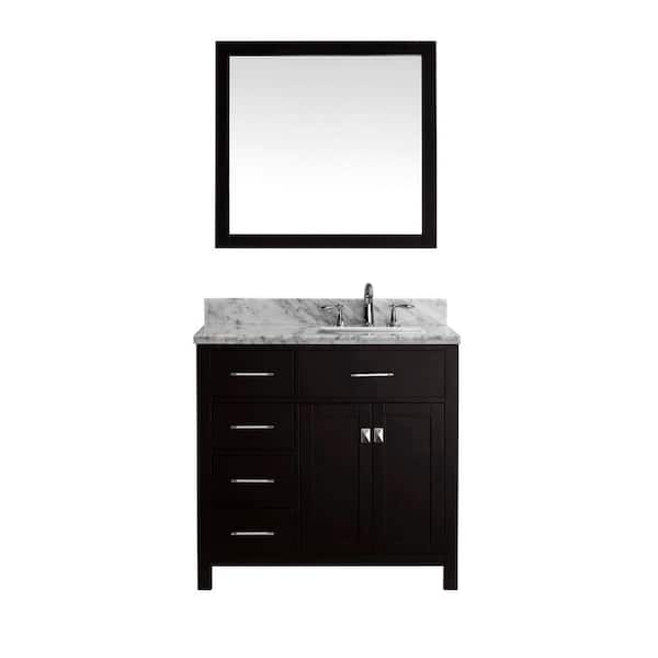 Virtu USA Caroline Parkway 36 in. W Bath Vanity in Espresso with Marble Vanity Top in White with Square Basin and Mirror