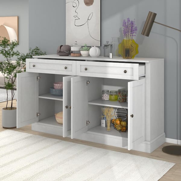 Runesay 60 in. W x 15.7 in. D x 33.9 in. H Antique White MDF Ready to Assemble Kitchen Cabinet Sideboard with Drawers and Doors