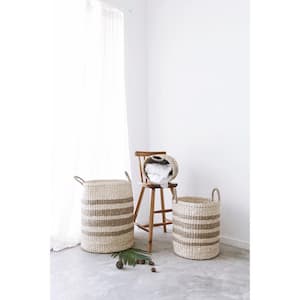 Cylindrical Handmade Woven Wicker Seagrass Palm Leaf Wire Large Basket with Stripes and Handles