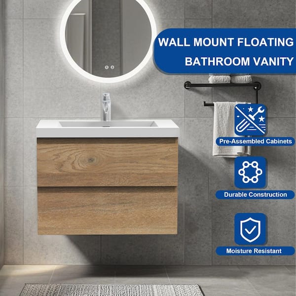 30 in. Wall-Mounted Floating Bath Vanity in Natural Oak with Single Solid Surface Sink Top in White