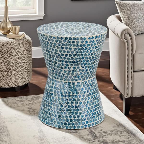 Benjara Ivy White and Blue Wood Accent Stool with Mosaic Tile Pattern