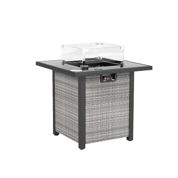 28 Inch GreyandWhite Propane Fire Pit Table, 50000 BTU, Tempered Glass Tabletop with Glass Windscreen Protector