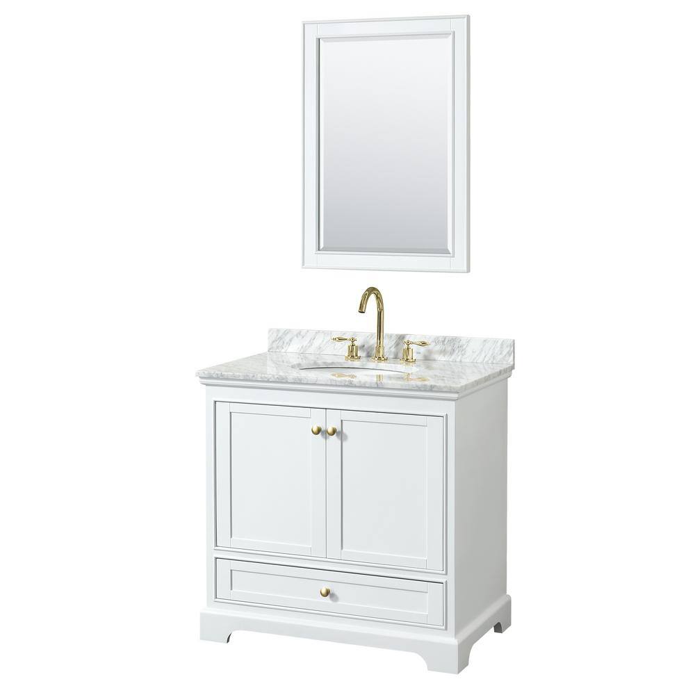 Deborah 36'' White Single Bathroom Vanity with Carrara Marble Top and Gold Trim