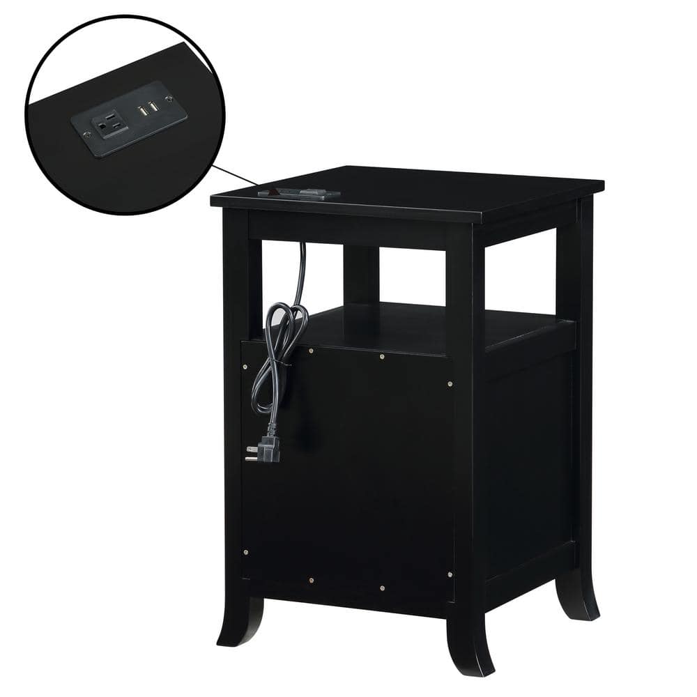 Back view of black square end table showing the power cord and charging station detail.