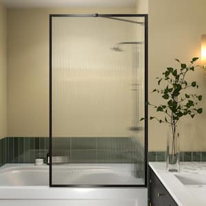33 in. W x 58 in. H Fixed Square Shower Panel Tub Door in Matte Black with Tempered Clear Glass, Reversible Installation