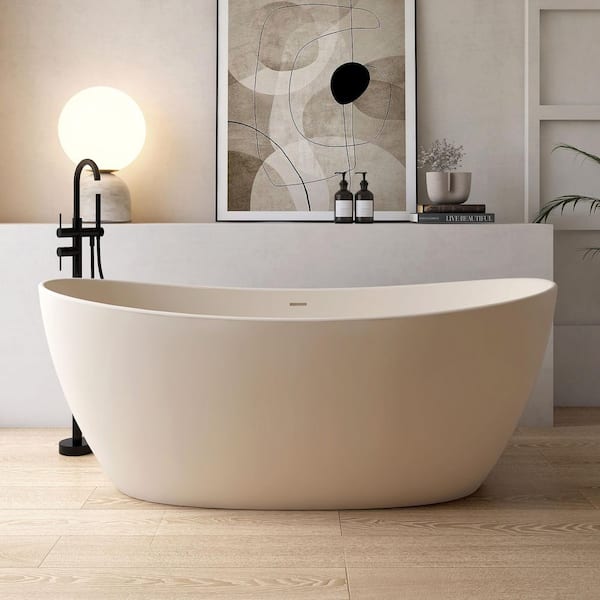 65 in. x 33 in. Stone Resin Freestanding Soaking Bathtub in Cream