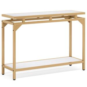 Turrella 40 in. White and Gold Rectangle Wood Console Table, Marble Entryway Table with 2 Tier Storage Shelf