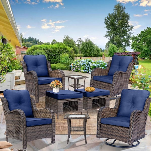 DWIOM Brown 8-Piece Wicker Patio Swivel Chairs Outdoor Lounge Chairs Storage Ottoman Side Table with Navy Blue Cushions