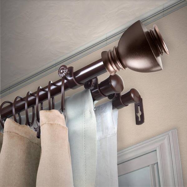 EMOH 13/16" Dia Adjustable 66" to 120" Triple Curtain Rod in Cocoa with Friedman Finials