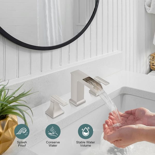 8 in. Waterfall Widespread 2-Handle Bathroom Faucet With Pop-up Drain Assembly in Brushed Nickel