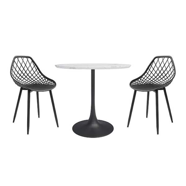 Kurv 3-Piece Faux White Marble and Black Cafe Dining Set