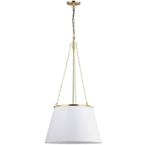 Plymouth 1-Light Aged Brass Shaded Pendant Light with White Fabric Shade