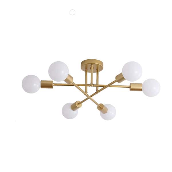 6-Light Ceiling Light Fixture Gold Finish Sputnik Chandelier with Industrial Metal Arms (Bulbs Not Included)
