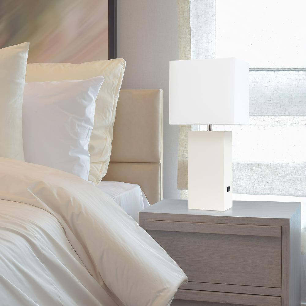 21" White Leather Base Modern Nightstand Lamp with USB Port