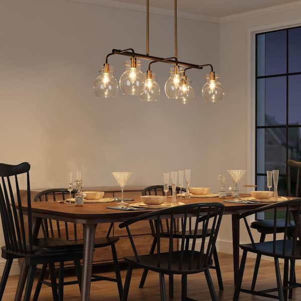 28 in. 6-Light Modern Black Island Chandelier, Globe Clear Glass Kitchen Pendant Light, Farmhouse Brass Light Fixtures
